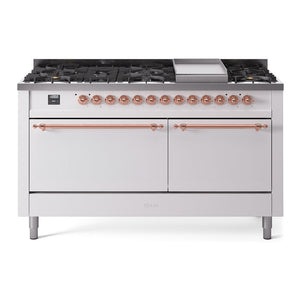 ILVE Nostalgie II 60-Inch Dual Fuel Range with 9 Sealed Burners + Griddle, 5.8 cu. ft. Oven, White with Copper Trim, Natural Gas, Solid Door, UP60FQNMPWHP