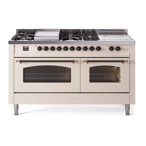 ILVE Nostalgie II 60-Inch Dual Fuel Range with 7 Sealed Burners + Griddle + French Top, 5.8 cu. ft. Oven, Antique White with Burnished Trim, Liquid Propane, Triple Glass Door, UP60FSNMPAWBLP