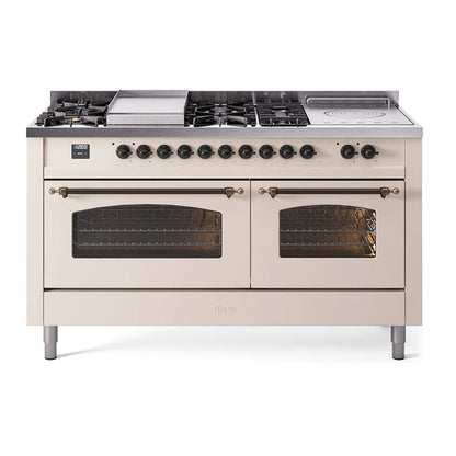 ILVE Nostalgie II 60-Inch Dual Fuel Range with 7 Sealed Burners + Griddle + French Top, 5.8 cu. ft. Oven, Antique White with Burnished Trim, Natural Gas, Triple Glass Door, UP60FSNMPAWB
