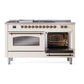 ILVE Nostalgie II 60-Inch Dual Fuel Range with 7 Sealed Burners + Griddle + French Top, 5.8 cu. ft. Oven, Antique White with Burnished Trim, Natural Gas, Triple Glass Door, UP60FSNMPAWB