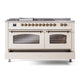 ILVE Nostalgie II 60-Inch Dual Fuel Range with 7 Sealed Burners + Griddle + French Top, 5.8 cu. ft. Oven, Antique White with Burnished Trim, Natural Gas, Triple Glass Door, UP60FSNMPAWB