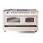 ILVE Nostalgie II 60-Inch Dual Fuel Range with 7 Sealed Burners + Griddle + French Top, 5.8 cu. ft. Oven, Antique White with Chrome Trim, Liquid Propane, Triple Glass Door, UP60FSNMPAWCLP
