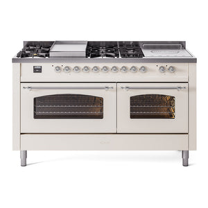 ILVE Nostalgie II 60-Inch Dual Fuel Range with 7 Sealed Burners + Griddle + French Top, 5.8 cu. ft. Oven, Antique White with Chrome Trim, Natural Gas, Triple Glass Door, UP60FSNMPAWC