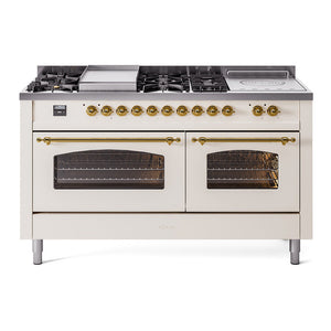 ILVE Nostalgie II 60-Inch Dual Fuel Range with 7 Sealed Burners + Griddle + French Top, 5.8 cu. ft. Oven, Antique White with Brass Trim, Liquid Propane, Triple Glass Door, UP60FSNMPAWGLP