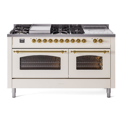 ILVE Nostalgie II 60-Inch Dual Fuel Range with 7 Sealed Burners + Griddle + French Top, 5.8 cu. ft. Oven, Antique White with Brass Trim, Liquid Propane, Triple Glass Door, UP60FSNMPAWGLP