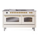ILVE Nostalgie II 60-Inch Dual Fuel Range with 7 Sealed Burners + Griddle + French Top, 5.8 cu. ft. Oven, Antique White with Brass Trim, Liquid Propane, Triple Glass Door, UP60FSNMPAWGLP