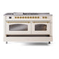ILVE Nostalgie II 60-Inch Dual Fuel Range with 7 Sealed Burners + Griddle + French Top, 5.8 cu. ft. Oven, Antique White with Brass Trim, Liquid Propane, Triple Glass Door, UP60FSNMPAWGLP
