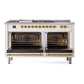 ILVE Nostalgie II 60-Inch Dual Fuel Range with 7 Sealed Burners + Griddle + French Top, 5.8 cu. ft. Oven, Antique White with Brass Trim, Natural Gas, Triple Glass Door, UP60FSNMPAWG