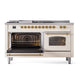 ILVE Nostalgie II 60-Inch Dual Fuel Range with 7 Sealed Burners + Griddle + French Top, 5.8 cu. ft. Oven, Antique White with Brass Trim, Natural Gas, Triple Glass Door, UP60FSNMPAWG