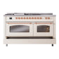 ILVE Nostalgie II 60-Inch Dual Fuel Range with 7 Sealed Burners + Griddle + French Top, 5.8 cu. ft. Oven, Antique White with Copper Trim, Liquid Propane, Triple Glass Door, UP60FSNMPAWPLP