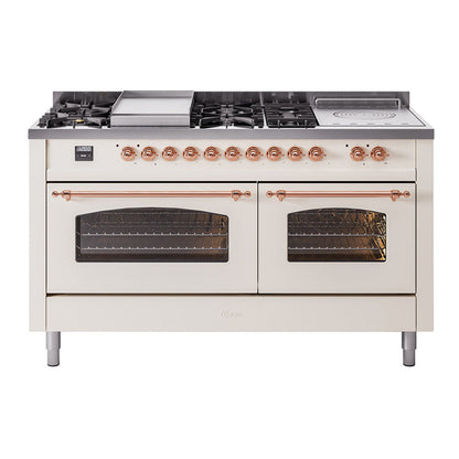 ILVE Nostalgie II 60-Inch Dual Fuel Range with 7 Sealed Burners + Griddle + French Top, 5.8 cu. ft. Oven, Antique White with Copper Trim, Natural Gas, Triple Glass Door, UP60FSNMPAWP