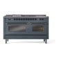 ILVE Nostalgie II 60-Inch Dual Fuel Range with 7 Sealed Burners + Griddle + French Top, 5.8 cu. ft. Oven, Blue Grey with Burnished Trim, Liquid Propane, Triple Glass Door, UP60FSNMPBGBLP