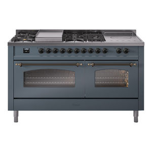 ILVE Nostalgie II 60-Inch Dual Fuel Range with 7 Sealed Burners + Griddle + French Top, 5.8 cu. ft. Oven, Blue Grey with Burnished Trim, Natural Gas, Triple Glass Door, UP60FSNMPBGB