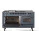ILVE Nostalgie II 60-Inch Dual Fuel Range with 7 Sealed Burners + Griddle + French Top, 5.8 cu. ft. Oven, Blue Grey with Burnished Trim, Natural Gas, Triple Glass Door, UP60FSNMPBGB
