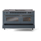 ILVE Nostalgie II 60-Inch Dual Fuel Range with 7 Sealed Burners + Griddle + French Top, 5.8 cu. ft. Oven, Blue Grey with Burnished Trim, Natural Gas, Triple Glass Door, UP60FSNMPBGB