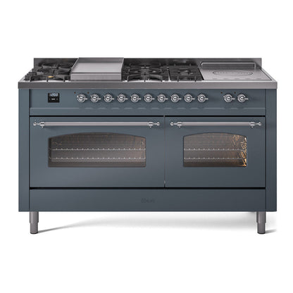 ILVE Nostalgie II 60-Inch Dual Fuel Range with 7 Sealed Burners + Griddle + French Top, 5.8 cu. ft. Oven, Blue Grey with Chrome Trim, Liquid Propane, Triple Glass Door, UP60FSNMPBGCLP