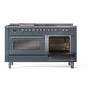 ILVE Nostalgie II 60-Inch Dual Fuel Range with 7 Sealed Burners + Griddle + French Top, 5.8 cu. ft. Oven, Blue Grey with Chrome Trim, Liquid Propane, Triple Glass Door, UP60FSNMPBGCLP