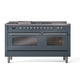 ILVE Nostalgie II 60-Inch Dual Fuel Range with 7 Sealed Burners + Griddle + French Top, 5.8 cu. ft. Oven, Blue Grey with Chrome Trim, Liquid Propane, Triple Glass Door, UP60FSNMPBGCLP