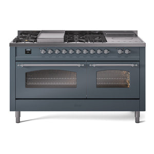 ILVE Nostalgie II 60-Inch Dual Fuel Range with 7 Sealed Burners + Griddle + French Top, 5.8 cu. ft. Oven, Blue Grey with Chrome Trim, Natural Gas, Triple Glass Door, UP60FSNMPBGC