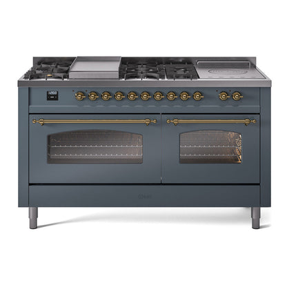 ILVE Nostalgie II 60-Inch Dual Fuel Range with 7 Sealed Burners + Griddle + French Top, 5.8 cu. ft. Oven, Blue Grey with Brass Trim, Liquid Propane, Triple Glass Door, UP60FSNMPBGGLP