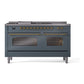 ILVE Nostalgie II 60-Inch Dual Fuel Range with 7 Sealed Burners + Griddle + French Top, 5.8 cu. ft. Oven, Blue Grey with Brass Trim, Liquid Propane, Triple Glass Door, UP60FSNMPBGGLP