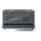 ILVE Nostalgie II 60-Inch Dual Fuel Range with 7 Sealed Burners + Griddle + French Top, 5.8 cu. ft. Oven, Blue Grey with Brass Trim, Liquid Propane, Triple Glass Door, UP60FSNMPBGGLP