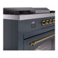 ILVE Nostalgie II 60-Inch Dual Fuel Range with 7 Sealed Burners + Griddle + French Top, 5.8 cu. ft. Oven, Blue Grey with Brass Trim, Liquid Propane, Triple Glass Door, UP60FSNMPBGGLP