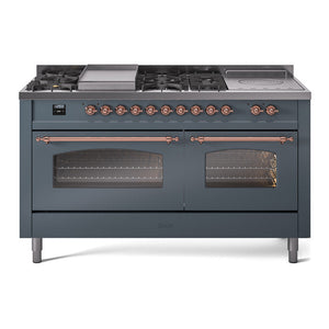ILVE Nostalgie II 60-Inch Dual Fuel Range with 7 Sealed Burners + Griddle + French Top, 5.8 cu. ft. Oven, Blue Grey with Copper Trim, Liquid Propane, Triple Glass Door, UP60FSNMPBGPLP