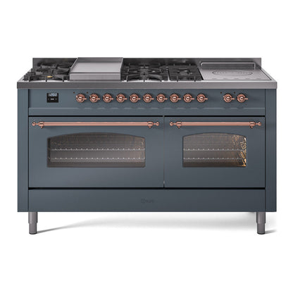 ILVE Nostalgie II 60-Inch Dual Fuel Range with 7 Sealed Burners + Griddle + French Top, 5.8 cu. ft. Oven, Blue Grey with Copper Trim, Liquid Propane, Triple Glass Door, UP60FSNMPBGPLP
