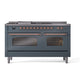 ILVE Nostalgie II 60-Inch Dual Fuel Range with 7 Sealed Burners + Griddle + French Top, 5.8 cu. ft. Oven, Blue Grey with Copper Trim, Liquid Propane, Triple Glass Door, UP60FSNMPBGPLP