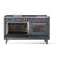 ILVE Nostalgie II 60-Inch Dual Fuel Range with 7 Sealed Burners + Griddle + French Top, 5.8 cu. ft. Oven, Blue Grey with Copper Trim, Liquid Propane, Triple Glass Door, UP60FSNMPBGPLP