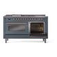 ILVE Nostalgie II 60-Inch Dual Fuel Range with 7 Sealed Burners + Griddle + French Top, 5.8 cu. ft. Oven, Blue Grey with Copper Trim, Natural Gas, Triple Glass Door, UP60FSNMPBGP