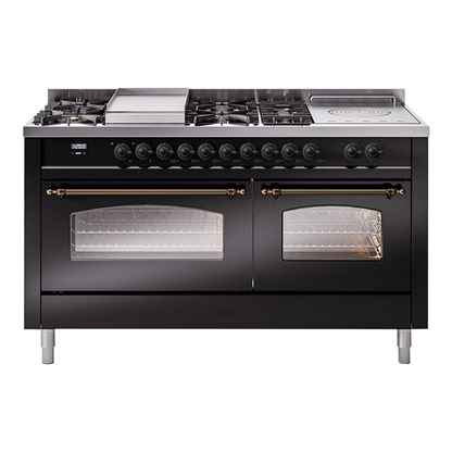 ILVE Nostalgie II 60-Inch Dual Fuel Range with 7 Sealed Burners + Griddle + French Top, 5.8 cu. ft. Oven, Glossy Black with Burnished Trim, Liquid Propane, Triple Glass Door, UP60FSNMPBKBLP