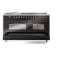 ILVE Nostalgie II 60-Inch Dual Fuel Range with 7 Sealed Burners + Griddle + French Top, 5.8 cu. ft. Oven, Glossy Black with Burnished Trim, Liquid Propane, Triple Glass Door, UP60FSNMPBKBLP