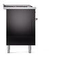 ILVE Nostalgie II 60-Inch Dual Fuel Range with 7 Sealed Burners + Griddle + French Top, 5.8 cu. ft. Oven, Glossy Black with Chrome Trim, Liquid Propane, Triple Glass Door, UP60FSNMPBKCLP