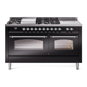 ILVE Nostalgie II 60-Inch Dual Fuel Range with 7 Sealed Burners + Griddle + French Top, 5.8 cu. ft. Oven, Glossy Black with Chrome Trim, Natural Gas, Triple Glass Door, UP60FSNMPBKC