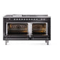 ILVE Nostalgie II 60-Inch Dual Fuel Range with 7 Sealed Burners + Griddle + French Top, 5.8 cu. ft. Oven, Glossy Black with Chrome Trim, Natural Gas, Triple Glass Door, UP60FSNMPBKC
