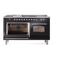 ILVE Nostalgie II 60-Inch Dual Fuel Range with 7 Sealed Burners + Griddle + French Top, 5.8 cu. ft. Oven, Glossy Black with Chrome Trim, Natural Gas, Triple Glass Door, UP60FSNMPBKC