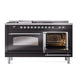 ILVE Nostalgie II 60-Inch Dual Fuel Range with 7 Sealed Burners + Griddle + French Top, 5.8 cu. ft. Oven, Glossy Black with Chrome Trim, Natural Gas, Triple Glass Door, UP60FSNMPBKC