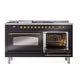 ILVE Nostalgie II 60-Inch Dual Fuel Range with 7 Sealed Burners + Griddle + French Top, 5.8 cu. ft. Oven, Glossy Black with Brass Trim, Liquid Propane, Triple Glass Door, UP60FSNMPBKGLP