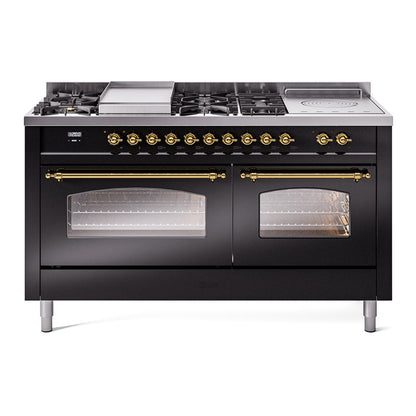 ILVE Nostalgie II 60-Inch Dual Fuel Range with 7 Sealed Burners + Griddle + French Top, 5.8 cu. ft. Oven, Glossy Black with Brass Trim, Natural Gas, Triple Glass Door, UP60FSNMPBKG