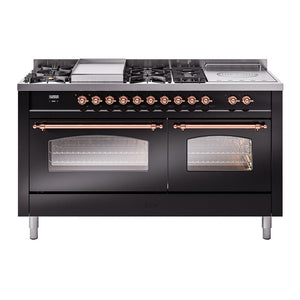 ILVE Nostalgie II 60-Inch Dual Fuel Range with 7 Sealed Burners + Griddle + French Top, 5.8 cu. ft. Oven, Glossy Black with Copper Trim, Liquid Propane, Triple Glass Door, UP60FSNMPBKPLP