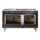 ILVE Nostalgie II 60-Inch Dual Fuel Range with 7 Sealed Burners + Griddle + French Top, 5.8 cu. ft. Oven, Glossy Black with Copper Trim, Liquid Propane, Triple Glass Door, UP60FSNMPBKPLP