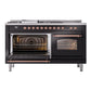 ILVE Nostalgie II 60-Inch Dual Fuel Range with 7 Sealed Burners + Griddle + French Top, 5.8 cu. ft. Oven, Glossy Black with Copper Trim, Liquid Propane, Triple Glass Door, UP60FSNMPBKPLP