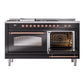 ILVE Nostalgie II 60-Inch Dual Fuel Range with 7 Sealed Burners + Griddle + French Top, 5.8 cu. ft. Oven, Glossy Black with Copper Trim, Liquid Propane, Triple Glass Door, UP60FSNMPBKPLP