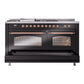 ILVE Nostalgie II 60-Inch Dual Fuel Range with 7 Sealed Burners + Griddle + French Top, 5.8 cu. ft. Oven, Glossy Black with Copper Trim, Liquid Propane, Triple Glass Door, UP60FSNMPBKPLP