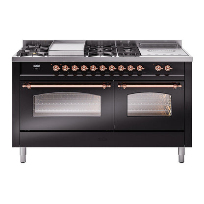 ILVE Nostalgie II 60-Inch Dual Fuel Range with 7 Sealed Burners + Griddle + French Top, 5.8 cu. ft. Oven, Glossy Black with Copper Trim, Natural Gas, Triple Glass Door, UP60FSNMPBKP