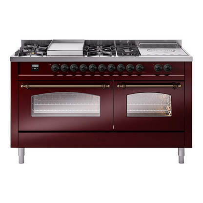 ILVE Nostalgie II 60-Inch Dual Fuel Range with 7 Sealed Burners + Griddle + French Top, 5.8 cu. ft. Oven, Burgundy with Burnished Trim, Natural Gas, Triple Glass Door, UP60FSNMPBUB