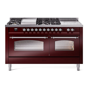 ILVE Nostalgie II 60-Inch Dual Fuel Range with 7 Sealed Burners + Griddle + French Top, 5.8 cu. ft. Oven, Burgundy with Chrome Trim, Liquid Propane, Triple Glass Door, UP60FSNMPBUCLP