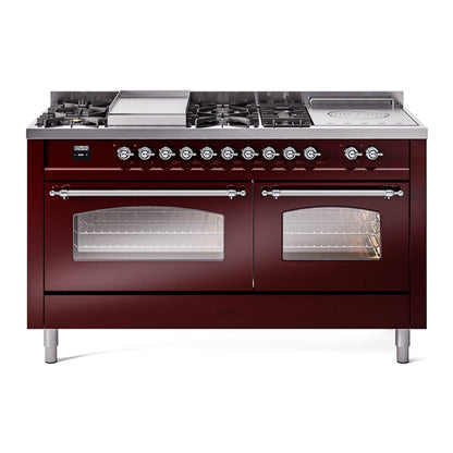 ILVE Nostalgie II 60-Inch Dual Fuel Range with 7 Sealed Burners + Griddle + French Top, 5.8 cu. ft. Oven, Burgundy with Chrome Trim, Liquid Propane, Triple Glass Door, UP60FSNMPBUCLP